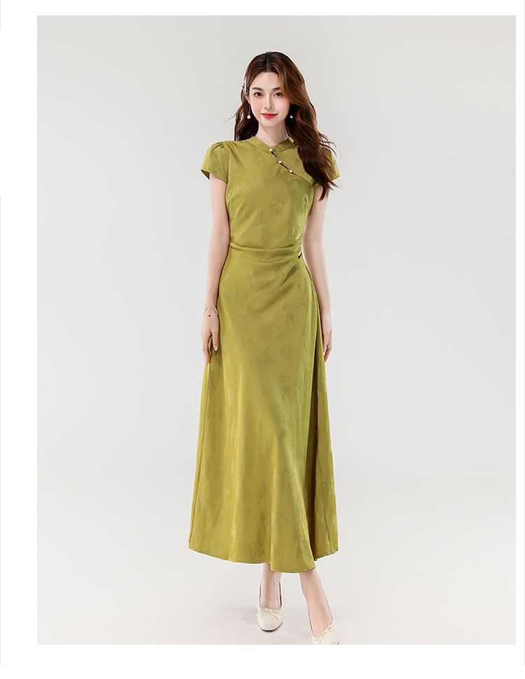 Cap Sleeve Mandarin Collar Faux Pearl Button Jacquard Maxi A-Line Dress