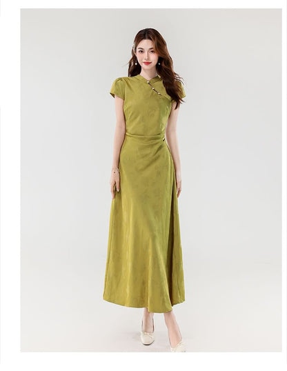 Cap Sleeve Mandarin Collar Faux Pearl Button Jacquard Maxi A-Line Dress