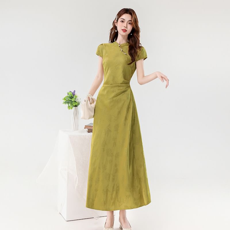 Cap Sleeve Mandarin Collar Faux Pearl Button Jacquard Maxi A-Line Dress