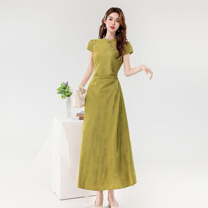 Cap Sleeve Mandarin Collar Faux Pearl Button Jacquard Maxi A-Line Dress