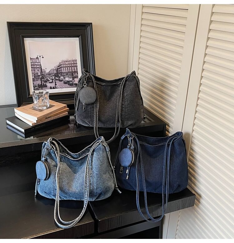 Denim Shoulder Bag with Pouch
