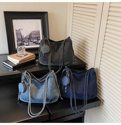 Denim Shoulder Bag with Pouch