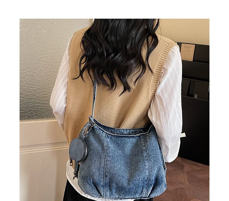 Denim Shoulder Bag with Pouch