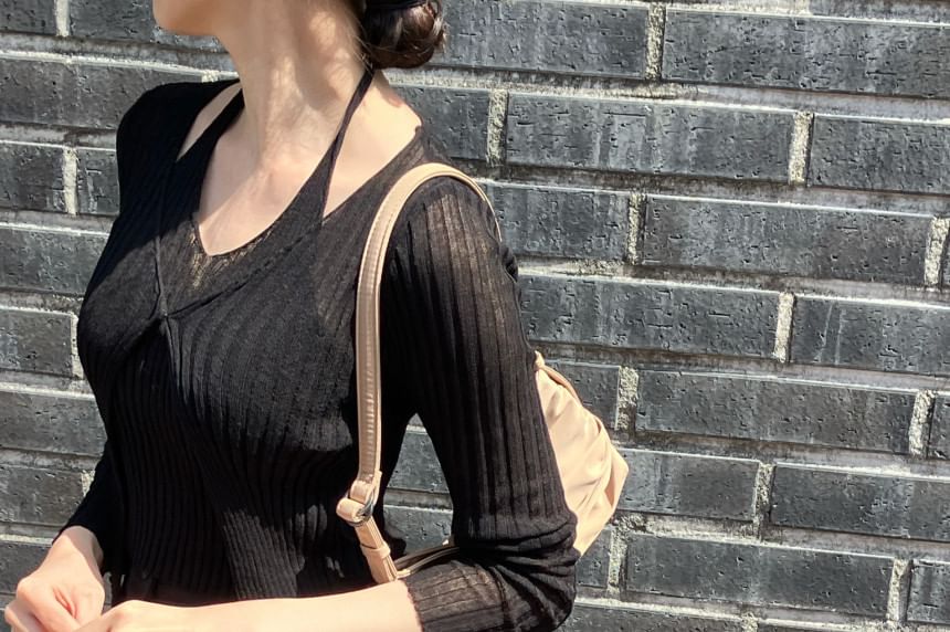 Set: Halter Plain Ribbed Knit Top + V-Neck Cardigan