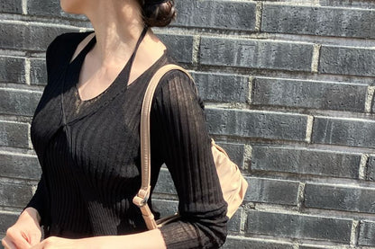 Set: Halter Plain Ribbed Knit Top + V-Neck Cardigan