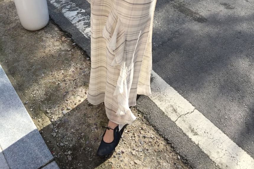 Spaghetti Strap V-Neck Plaid Ruffle Maxi A-Line Dress