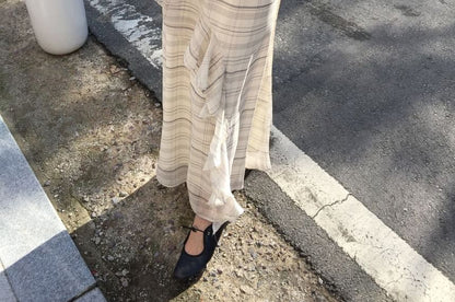 Spaghetti Strap V-Neck Plaid Ruffle Maxi A-Line Dress