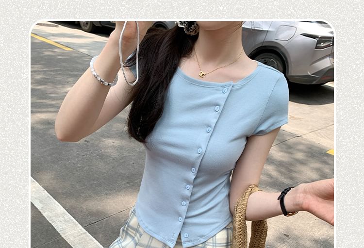 Short-Sleeve Crew Neck Asymmetrical Button-Up Plain Crop Cardigan