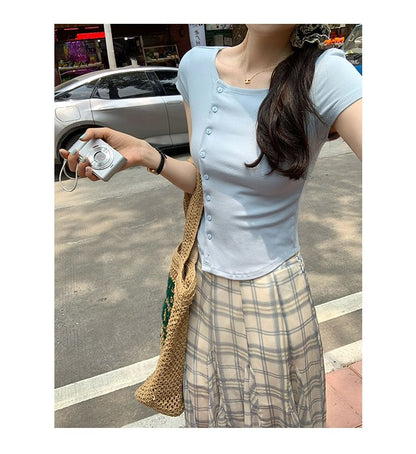 Short-Sleeve Crew Neck Asymmetrical Button-Up Plain Crop Cardigan