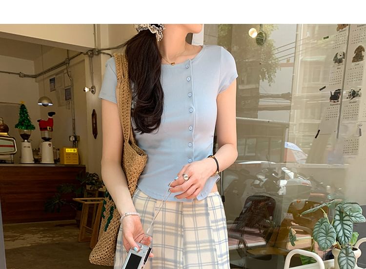 Short-Sleeve Crew Neck Asymmetrical Button-Up Plain Crop Cardigan