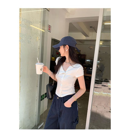 Short-Sleeve Crew Neck Asymmetrical Button-Up Plain Crop Cardigan