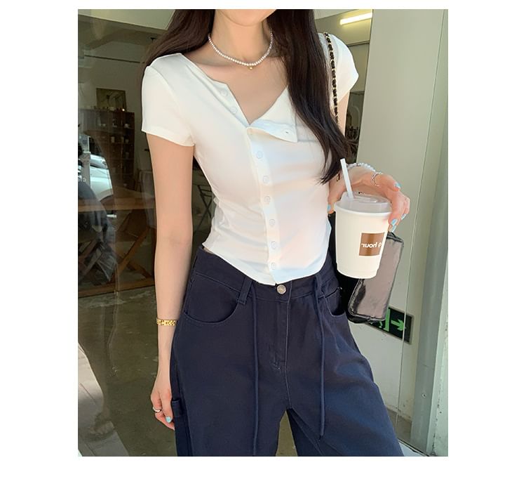 Short-Sleeve Crew Neck Asymmetrical Button-Up Plain Crop Cardigan