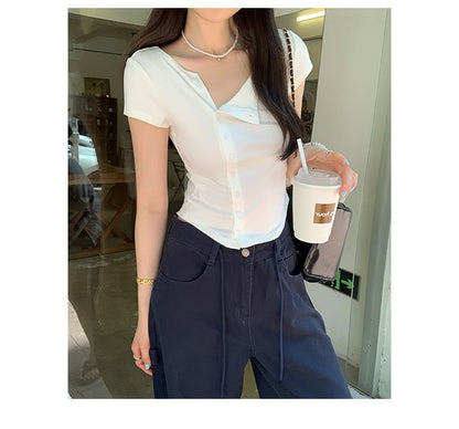 Short-Sleeve Crew Neck Asymmetrical Button-Up Plain Crop Cardigan