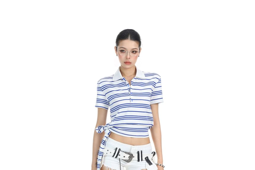 Striped Collared Tie-Waist Short-Sleeve Shirt