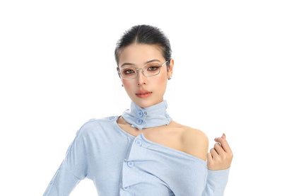 One-Shoulder Buttoned Ruched Long-Sleeve Tee