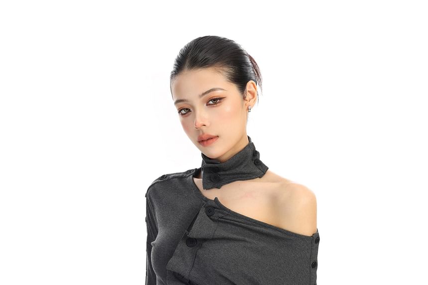 One-Shoulder Buttoned Ruched Long-Sleeve Tee