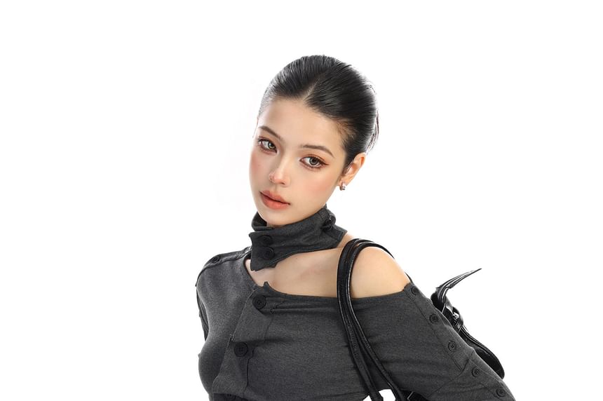 One-Shoulder Buttoned Ruched Long-Sleeve Tee