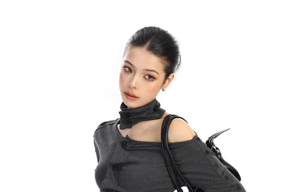 One-Shoulder Buttoned Ruched Long-Sleeve Tee