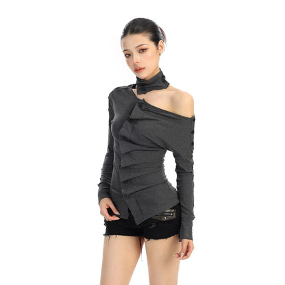 One-Shoulder Buttoned Ruched Long-Sleeve Tee