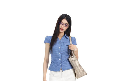 Plaid Ruched Short-Sleeve Shirt
