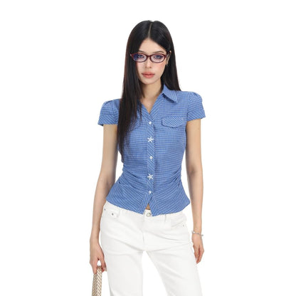 Plaid Ruched Short-Sleeve Shirt