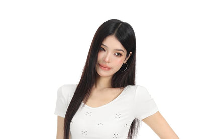 Scoop Neck Studded Ruffle Asymmetric Tee with Short Sleeves
