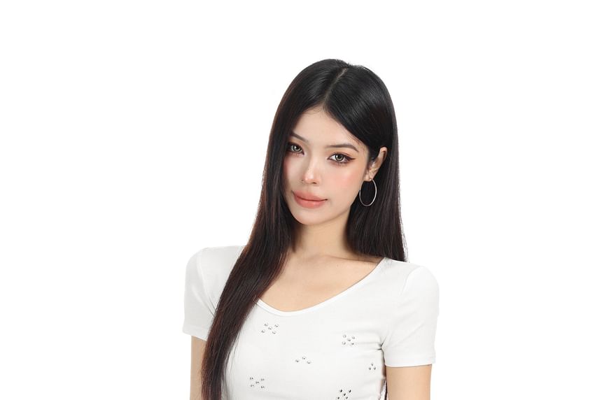 Scoop Neck Studded Ruffle Asymmetric Tee with Short Sleeves