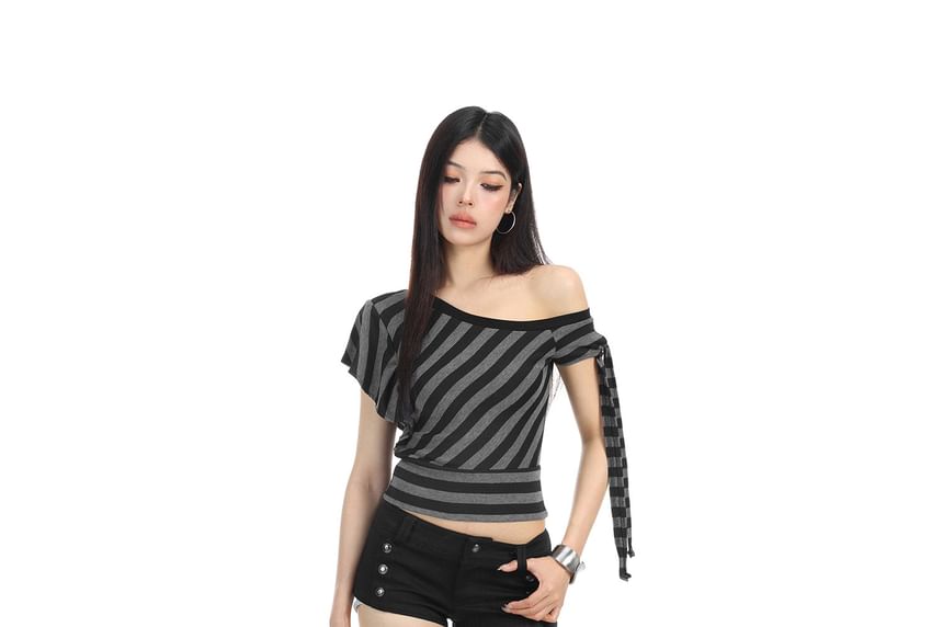 One-Shoulder Striped Knot Tee with Short Sleeves
