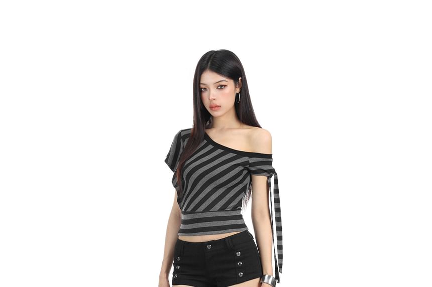 One-Shoulder Striped Knot Tee with Short Sleeves