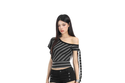 One-Shoulder Striped Knot Tee with Short Sleeves