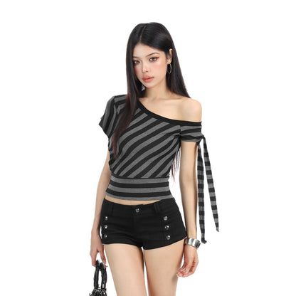 One-Shoulder Striped Knot Tee with Short Sleeves