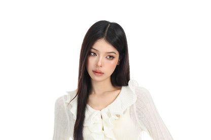 Flared Sleeve V-Neck Ribbed Knit Top with Ruffle Trim