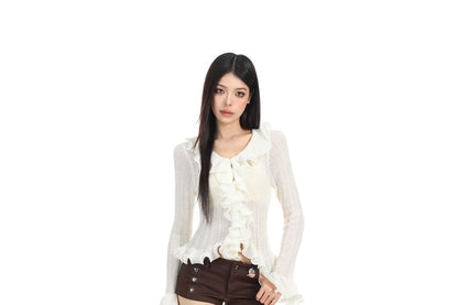 Flared Sleeve V-Neck Ribbed Knit Top with Ruffle Trim