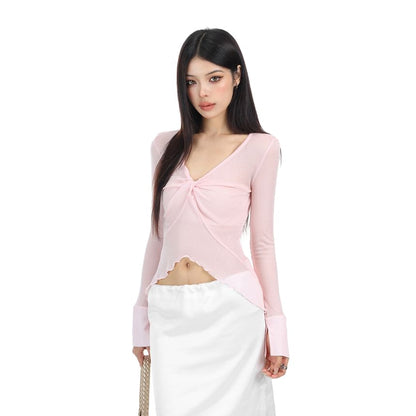 Long-Sleeve V-Neck Knot Hem Cropped Tee with Lettuce Edge