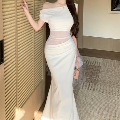 Short Sleeve One Shoulder Plain Panel Mesh Maxi Mermaid Dress