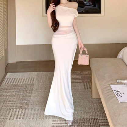 Short Sleeve One Shoulder Plain Panel Mesh Maxi Mermaid Dress