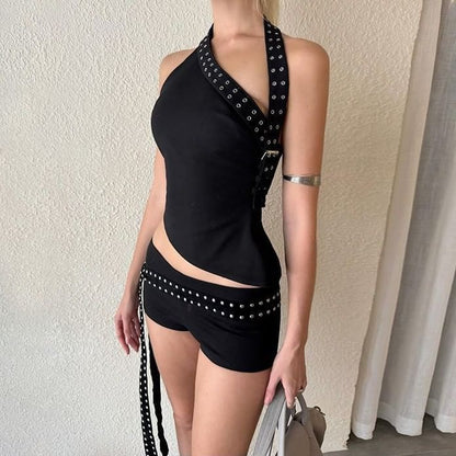 Grommet Buckle Asymmetric Halter Top