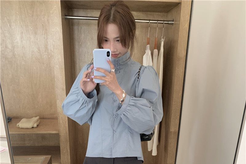 Long-Sleeve Stand Collar Tie-Front Blouse