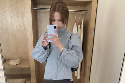 Long-Sleeve Stand Collar Tie-Front Blouse