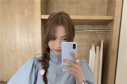 Long-Sleeve Stand Collar Tie-Front Blouse