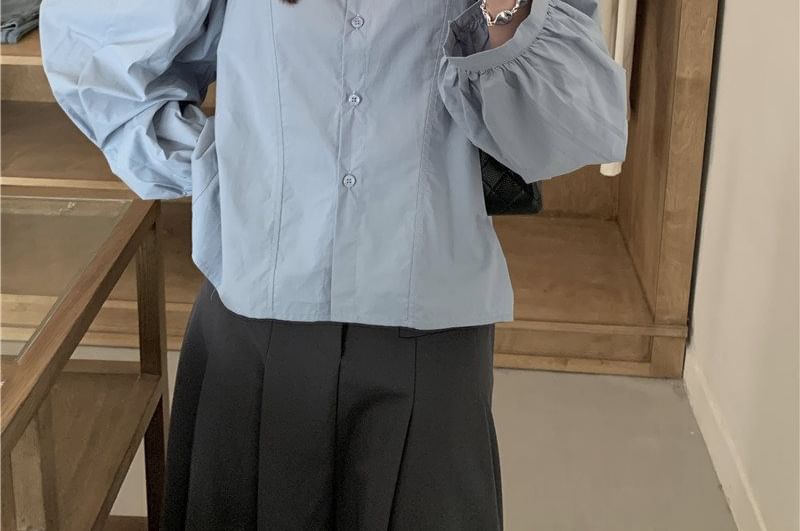 Long-Sleeve Stand Collar Tie-Front Blouse