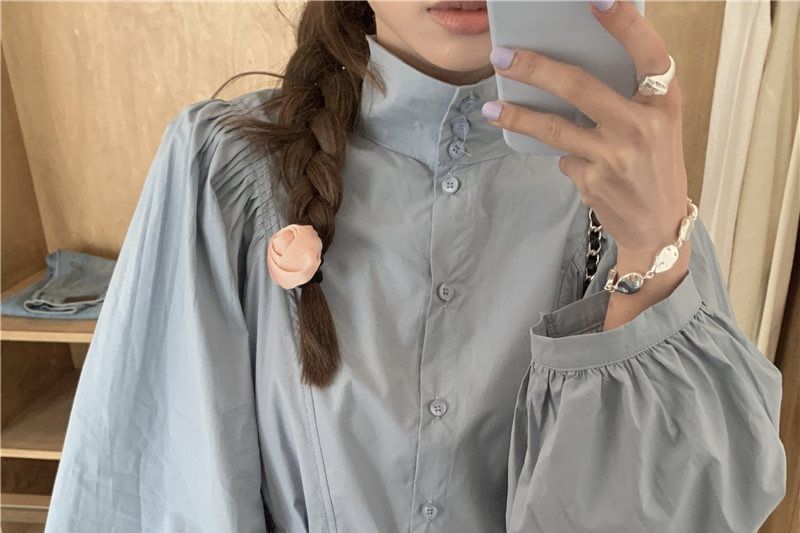 Long-Sleeve Stand Collar Tie-Front Blouse