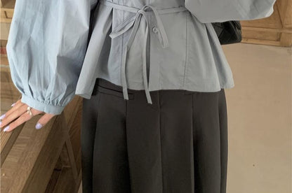 Long-Sleeve Stand Collar Tie-Front Blouse