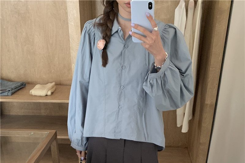 Long-Sleeve Stand Collar Tie-Front Blouse