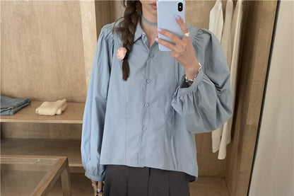 Long-Sleeve Stand Collar Tie-Front Blouse