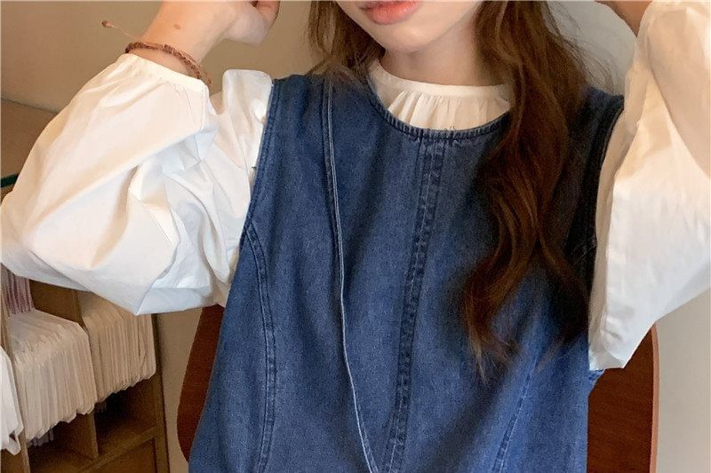 Denim Overall Dress with Blouse and Crossbody Bag Set