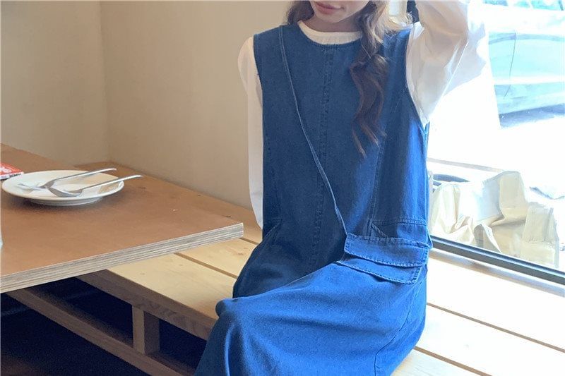 Denim Overall Dress with Blouse and Crossbody Bag Set