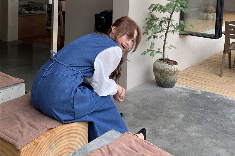 Denim Overall Dress with Blouse and Crossbody Bag Set