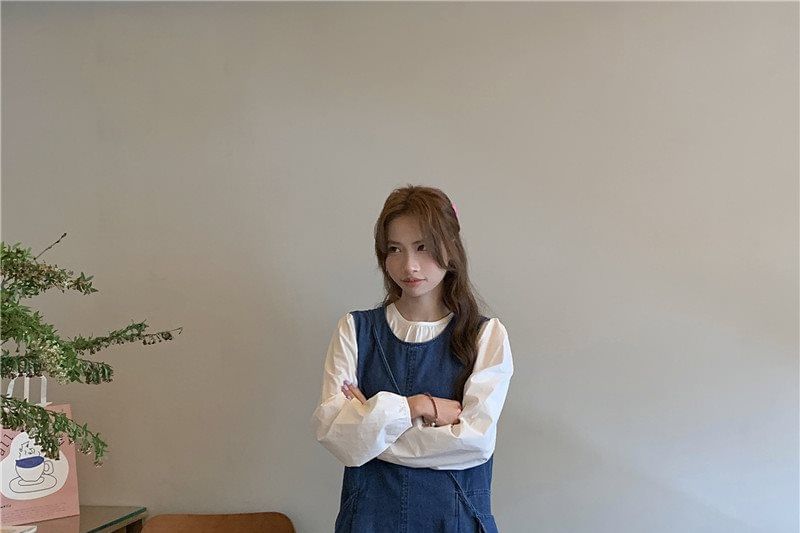 Denim Overall Dress with Blouse and Crossbody Bag Set
