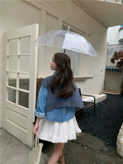 Washed Denim Shirt with Striped Scarf Set